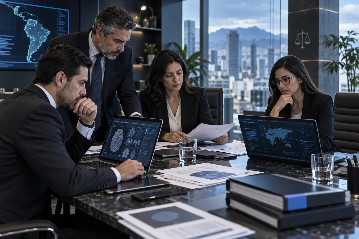 Equipo interdisciplinario revisando evidencia forense y requisitos legales